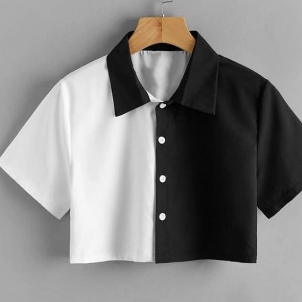 STYLISH HALF-BLACK HALF-WHITE SHORT SLEEVE BUTTON-UP T-SHIRT