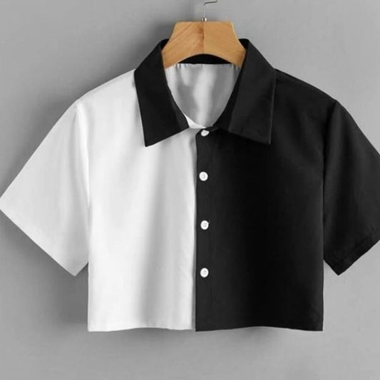 STYLISH HALF-BLACK HALF-WHITE SHORT SLEEVE BUTTON-UP T-SHIRT