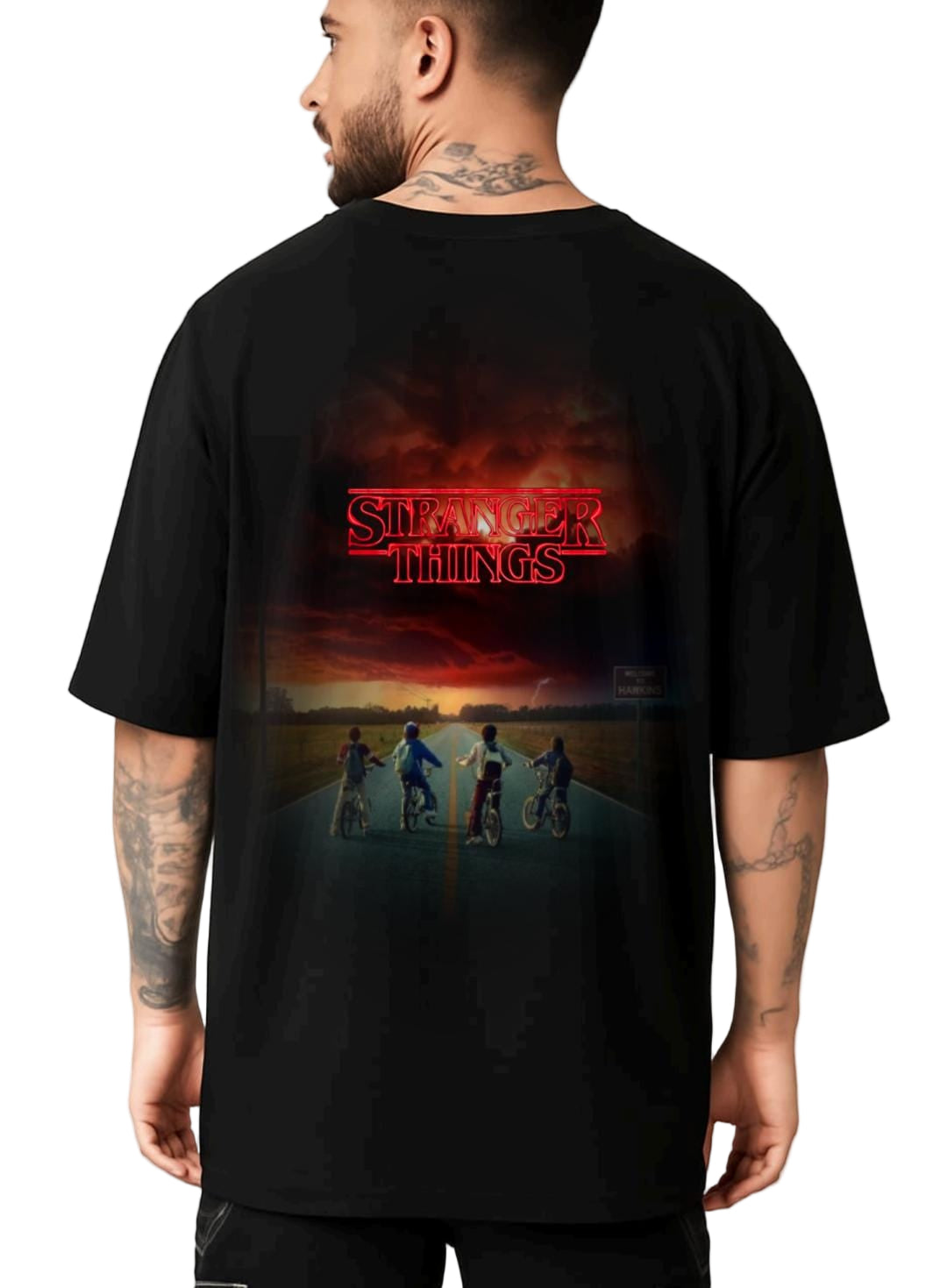 STRANGER THINGS OVERSIZED GRAPHIC PRINT BLACK T-SHIRT